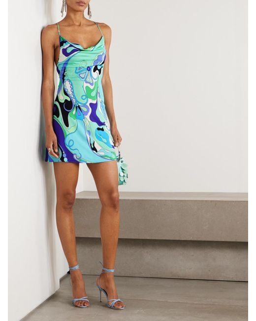 Emilio Pucci Blue Draped Printed Stretch-Jersey Mini Dress