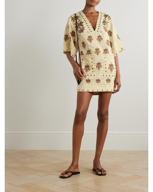 Farm Rio Natural Studded Embroidered Linen Mini Dress