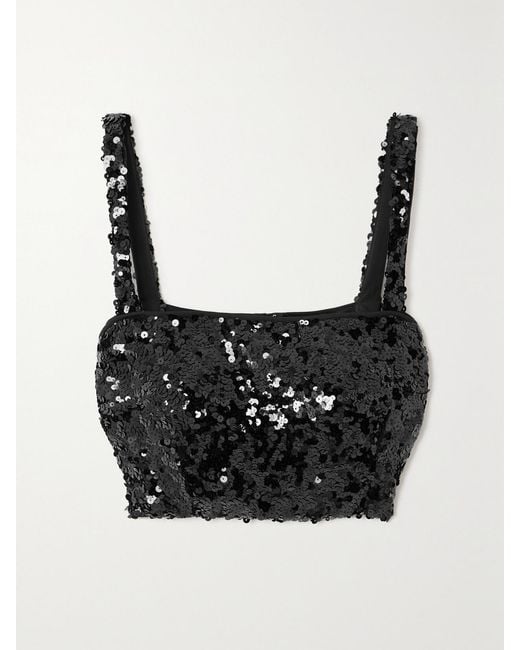 Dolce & Gabbana Black Cropped Sequined Stretch-Tulle Bustier Top