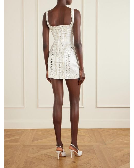 Clio Peppiatt White Bridal Brigette Embellished Lace-Up Satin Mini Dress