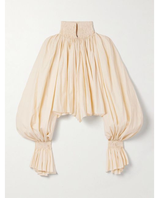 Khaite Natural Durer Cropped Gathered Cotton-Blend Poplin Blouse