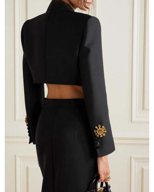 Dolce & Gabbana Black Verkürzter Blazer Aus Satin Aus Einer Woll-Seidenmischung Mit Verzierungen