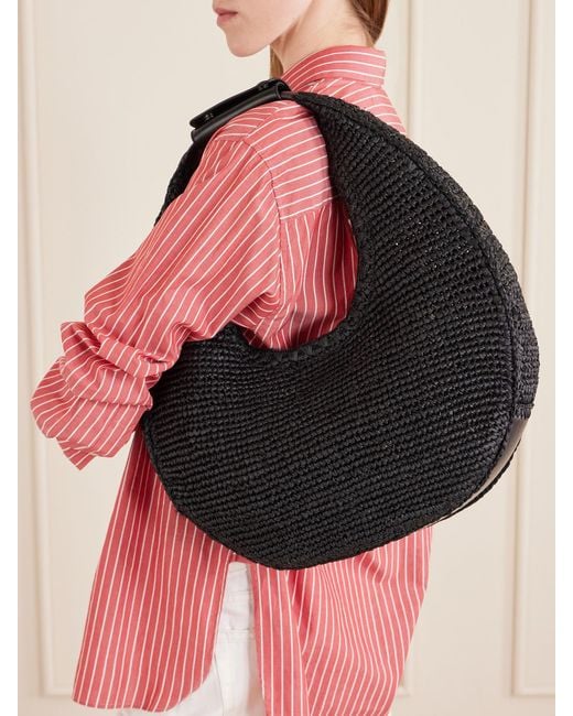 Staud Black Moon Large Leather-Trimmed Raffia Tote