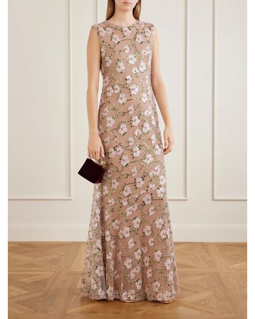 Self-Portrait Natural Sequin-Embellished Mesh Maxi Dress
