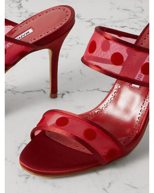 Manolo Blahnik Red Scolobi 90 Satin-Trimmed Flocked Mesh Sandals