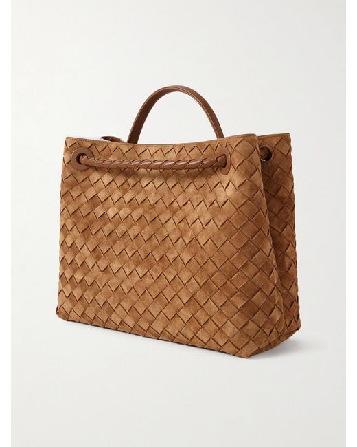 Bottega Veneta Brown Andiamo Medium Shearling-Lined Leather-Trimmed Intrecciato Suede Tote