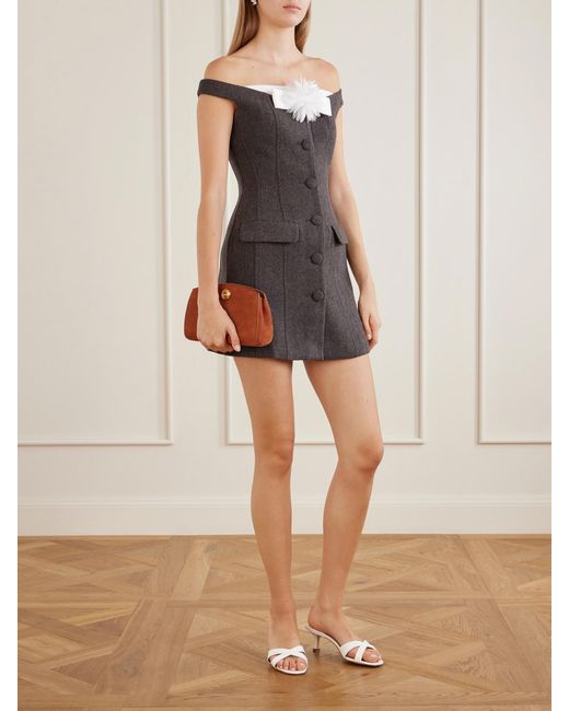 Self-Portrait Black Flower-Appliquéd Wool-Blend Off-The-Shoulder Mini Dress