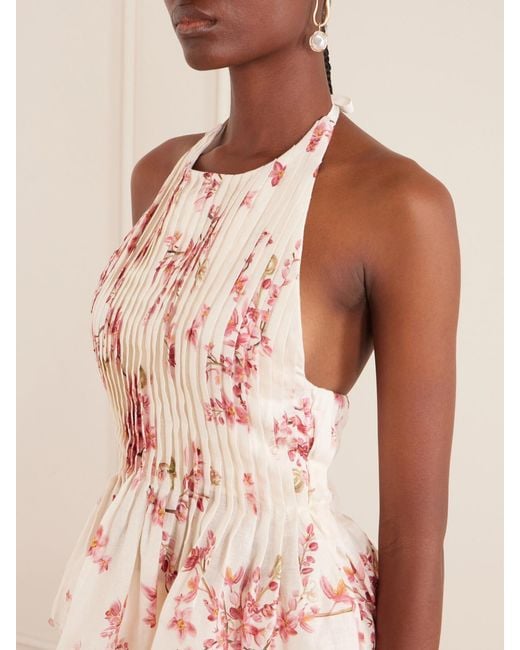 Agua Bendita Pink Pleated Floral-Printed Linen Blouse