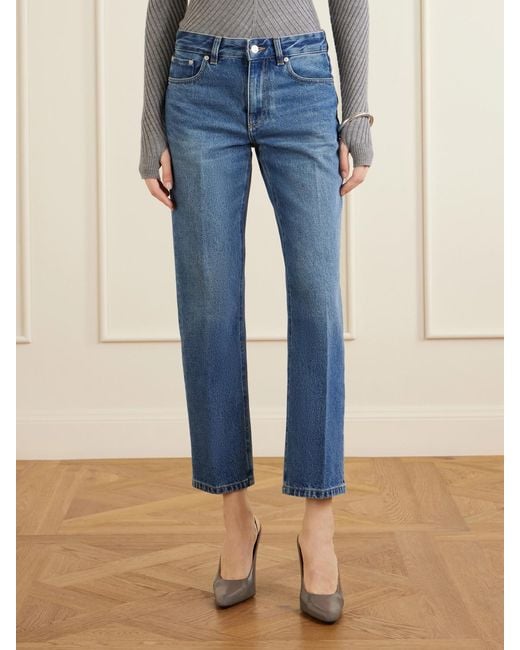 Victoria Beckham Blue Leather-Trimmed Low-Waist Flared Jeans