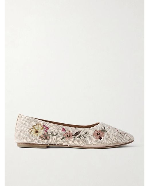 Staud Natural Alba Beaded Embroidered Satin Ballet Flats