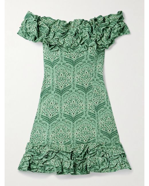 Agua Bendita Green Jardin Schulterfreies Minikleid Aus Einer Baumwollmischung Mit Blumenprint Und Raffungen