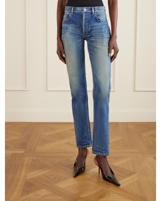 Saint Laurent Blue Cropped High-Rise Straight-Leg Jeans