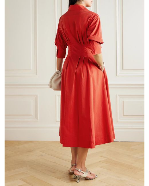 Jonathan Simkhai Red Jazz Pleated Cotton-Blend Poplin Midi Shirt Dress