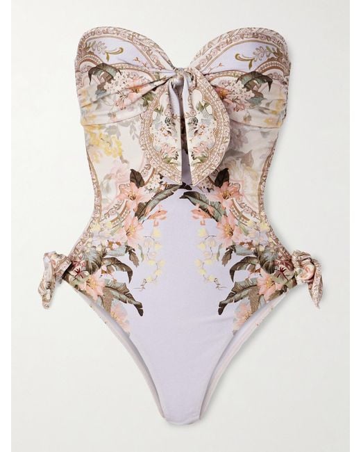 Zimmermann Natural Wylie Trägerloser, Bedruckter Badeanzug Mit Cut-Out Zum Binden