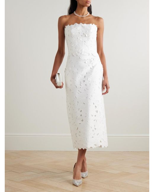 Costarellos White Astelle Strapless Guipure Lace Midi Dress