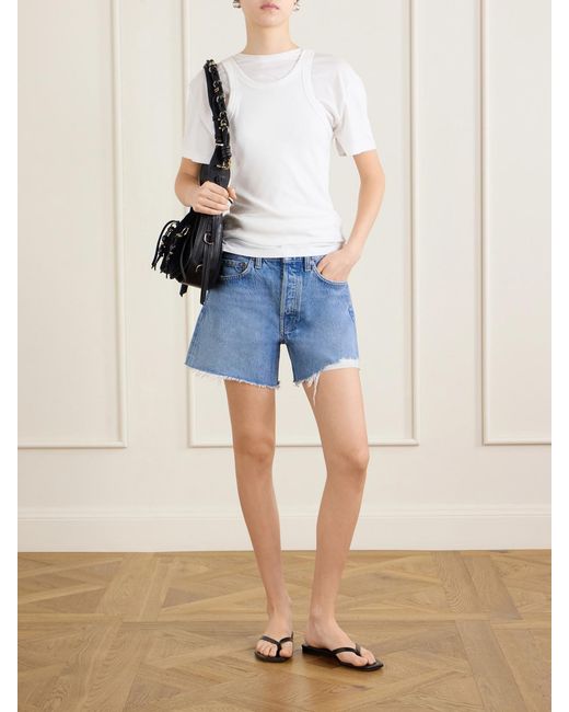 Agolde Blue Parker Long Distressed Denim Shorts
