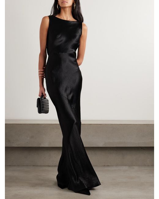 Abadia Black Draped Hammered-Satin Gown