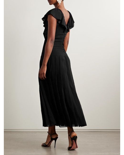 Alessandra Rich Black Midikleid Aus Crêpe De Chine Aus Seide Mit Falten, Raffungen Und Verzierungen