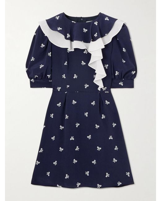 Alessandra Rich Blue Ruffled Pleated Printed Silk Mini Dress