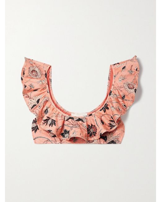 Ulla Johnson Pink Azores Ruffled Printed Bikini Top