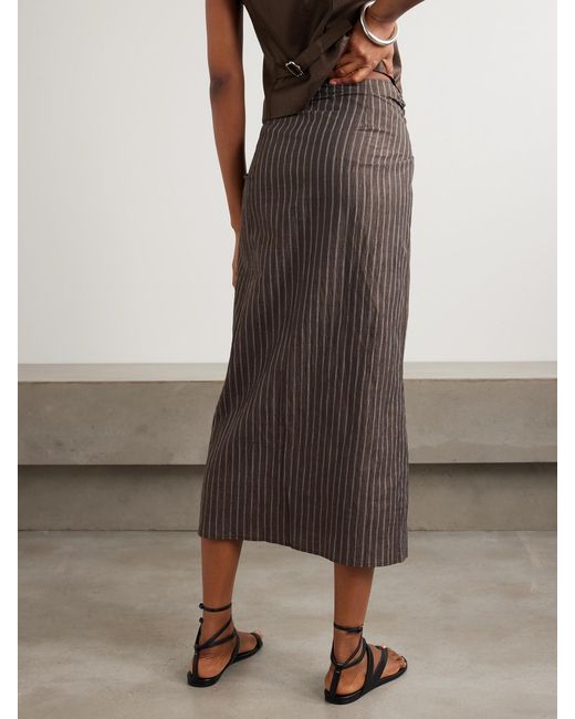 Abadia Gray Tie-Detailed Pinstriped Linen-Blend Midi Skirt