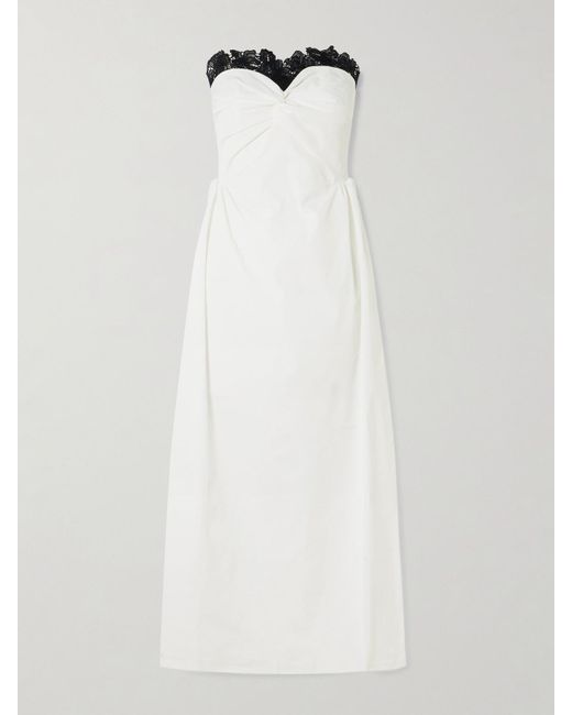 Kika Vargas White Rose Guipure Lace-Trimmed Faille Maxi Dress