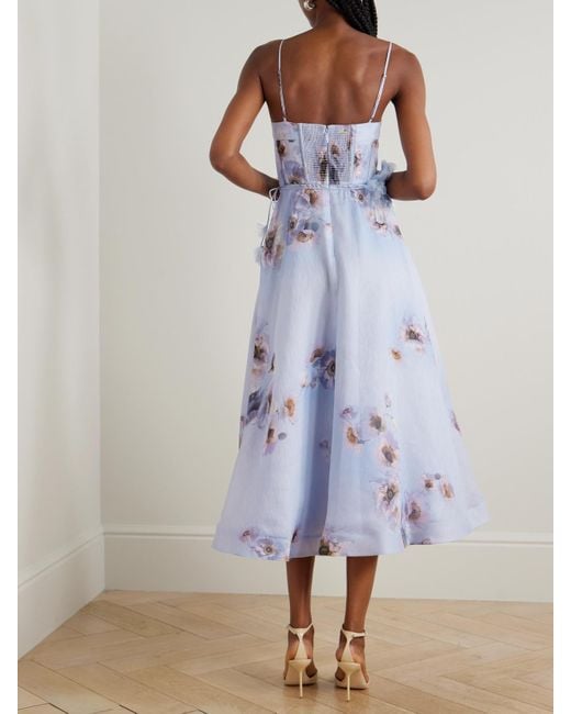 Zimmermann Purple Hypnotic Picnic Belted Appliquéd Floral-Print Linen And Silk-Blend Midi Dress