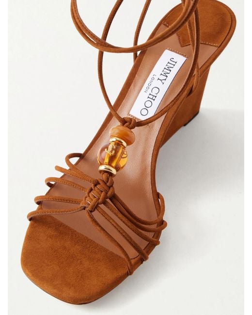 Jimmy Choo Brown Lova 85 Embellished Suede Wedge Sandals