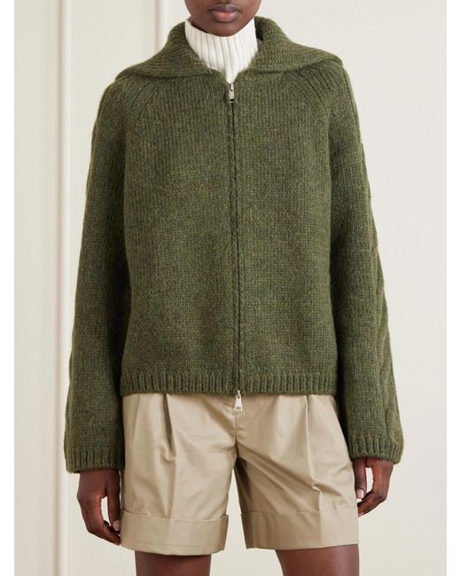 Moncler Green Logo-Appliqué Cable Wool-Blend Cardigan