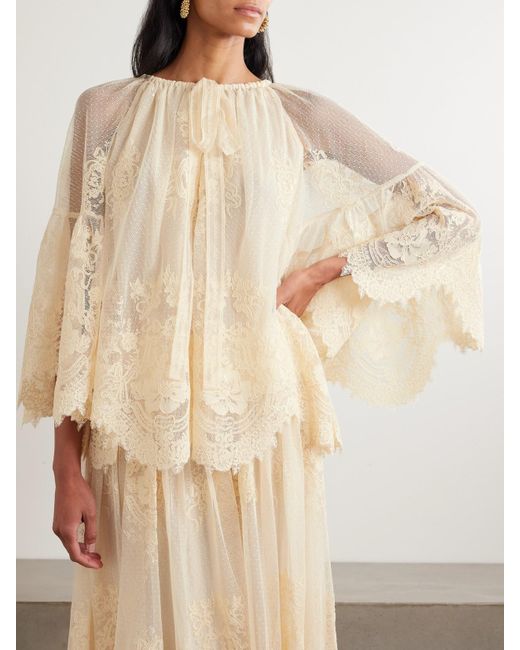 Zimmermann Natural Hypnotic Tie-Neck Flocked Lace Blouse
