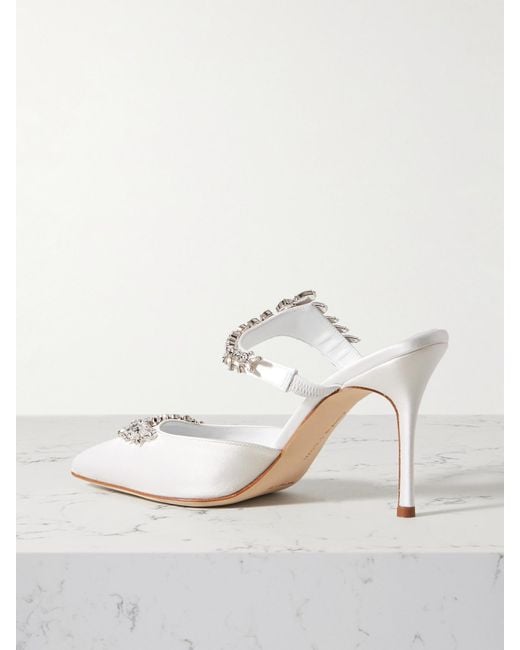 Manolo Blahnik White Lurum 90 Crystal-Embellished Satin Mules