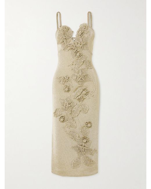 Cult Gaia Natural Soraiya Cutout Appliquéd Metallic Ribbed-Knit Midi Dress