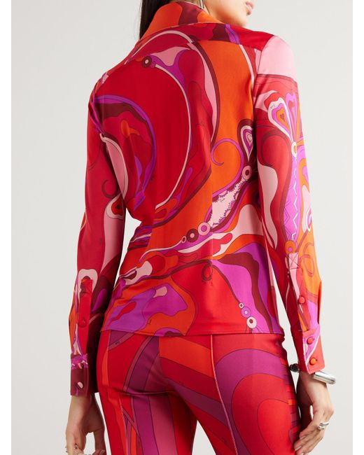 Emilio Pucci Red Hemd Aus Bedrucktem, Glänzendem Jersey
