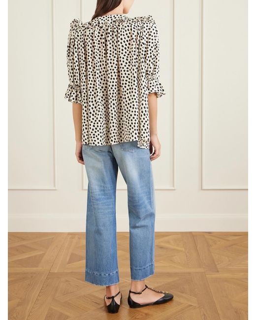 Chloé White Gathered Polka-Dot Silk Crepe De Chine Blouse