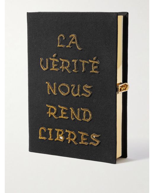 Olympia Le-Tan Black La Vérité Nous Rend Libre Embroidered Canvas Clutch