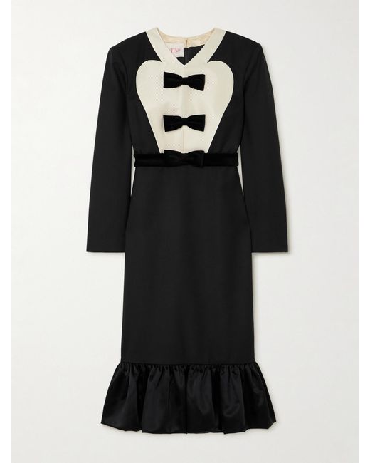 Valentino Garavani Black Belted Bow-Embellished Velvet And Ottoman-Trimmed Wool Midi Dress