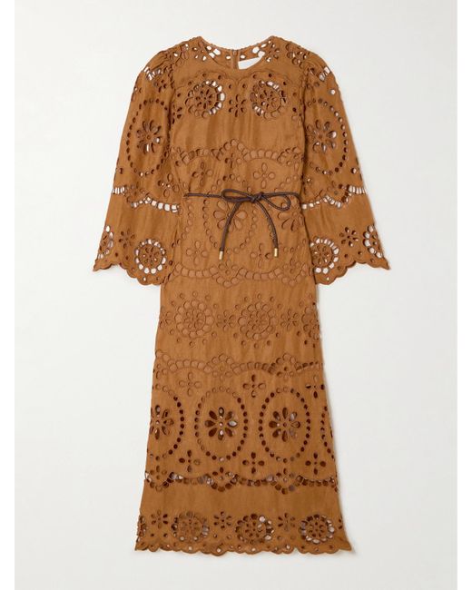 Zimmermann Brown Pop Belted Scalloped Broderie Anglaise Linen Midi Dress