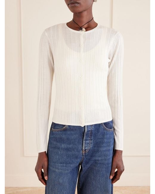 FRAME White Ribbed Cashmere And Silk-Blend Cardigan