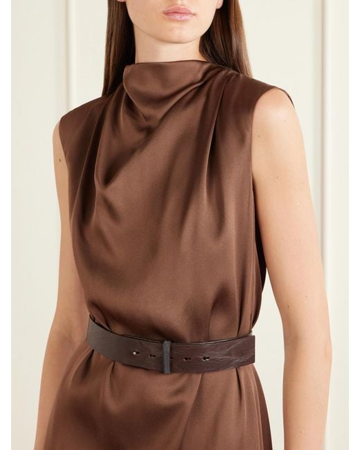 Brunello Cucinelli Brown Belted Satin Midi Dress