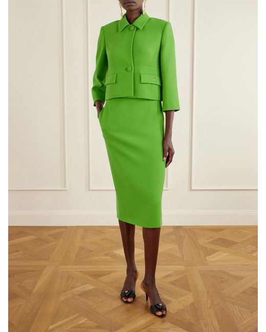Valentino Garavani Green Wool-Crepe Midi Skirt