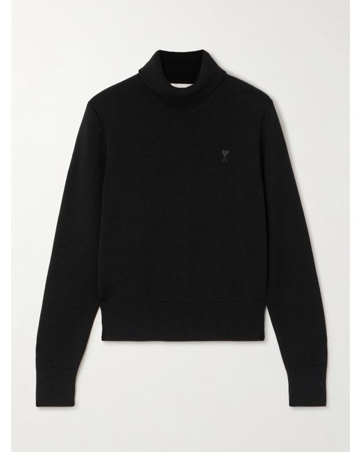 AMI Black Embroidered Wool Turtleneck Sweater