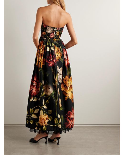 Agua Bendita White Tonia Paramo Strapless Lace-Trimmed Embellished Floral-Print Cotton-Poplin Midi Dress