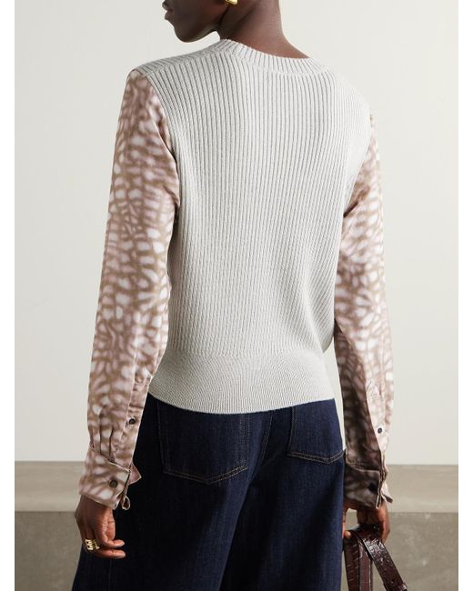 Dries Van Noten White Ribbed-Knit And Printed Satin Sweater