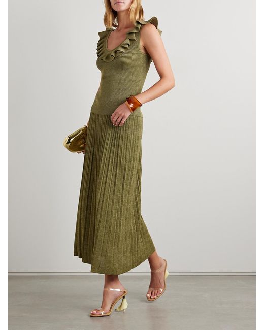 Zimmermann Green Wylie Metallic Ribbed-Knit Midi Skirt