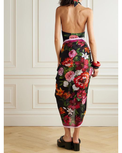 Paréo En Voile De Coton Effilé À Imprimé Fleuri Dolce & Gabbana en coloris Red