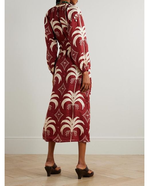 Johanna Ortiz Red Weaving Waves Belted Embellished Printed Linen Midi Dress