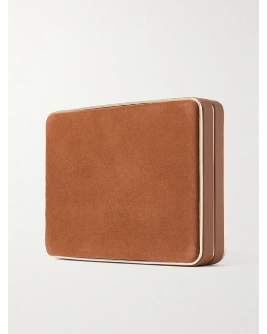 Hunting Season Brown Square Compact Leather-Trimmed Suede Clutch