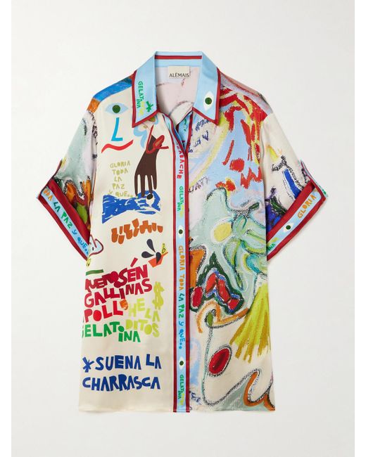 ALÉMAIS Blue Nadia Hernandez La Charrasca Printed Silk Crepe De Chine Shirt