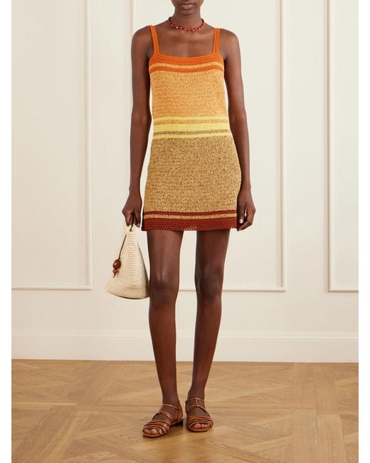 Escvdo Natural Plumar Striped Crocheted Cotton Mini Dress