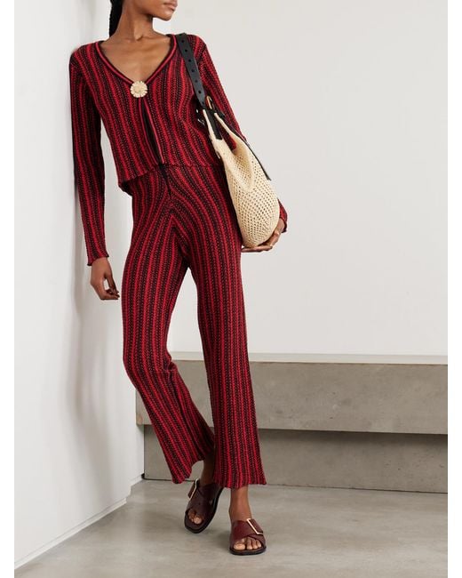 The Elder Statesman Red Nora Lite Open-Knit Cotton Wide-Leg Pants